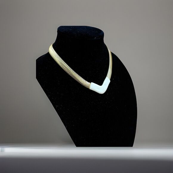 Vintage Gold Tone Collar Necklace With Ivory Chevron Accent, 1980s Statement - Picture 2 of 5